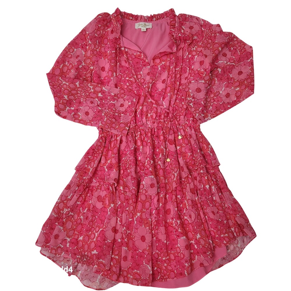 Julie Brown New York Pink Floral Tiered Mini Dress Long Sleeve Drawstring Medium